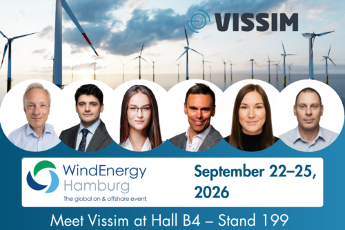 Promotional graphic for Vissim at WindEnergy Hamburg 2026, featuring team members, offshore wind turbines, and Hall B4 Stand 199.